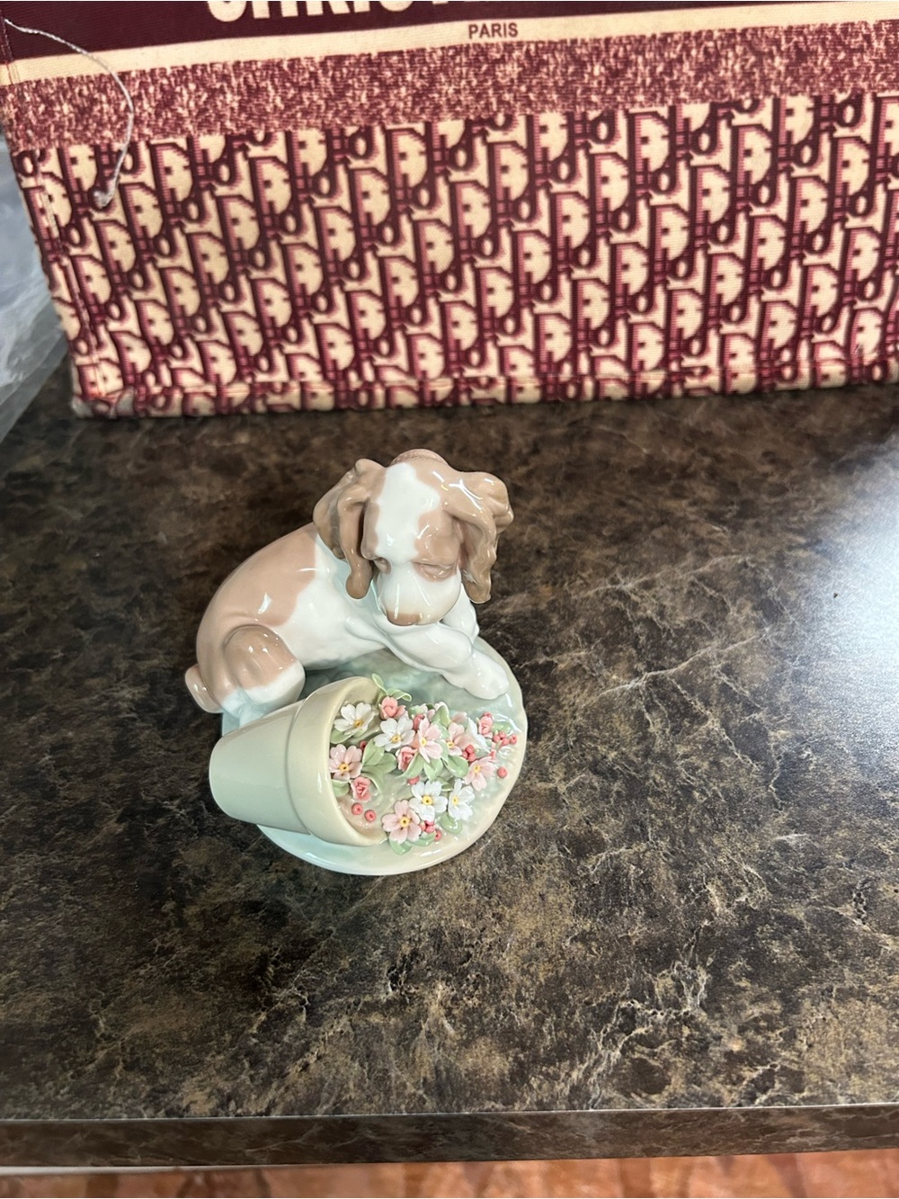 Lladro Porcelain Puppy with Pastel Flower Pot - White, Light Brown, Mint